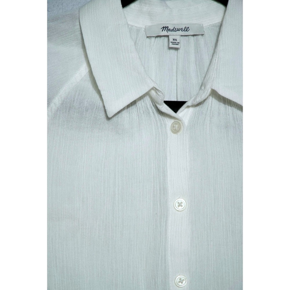 Madewell White Textured Cotton Short Sleeve Button Down Shirt XS Raglan Hem - Picture 2 of 6